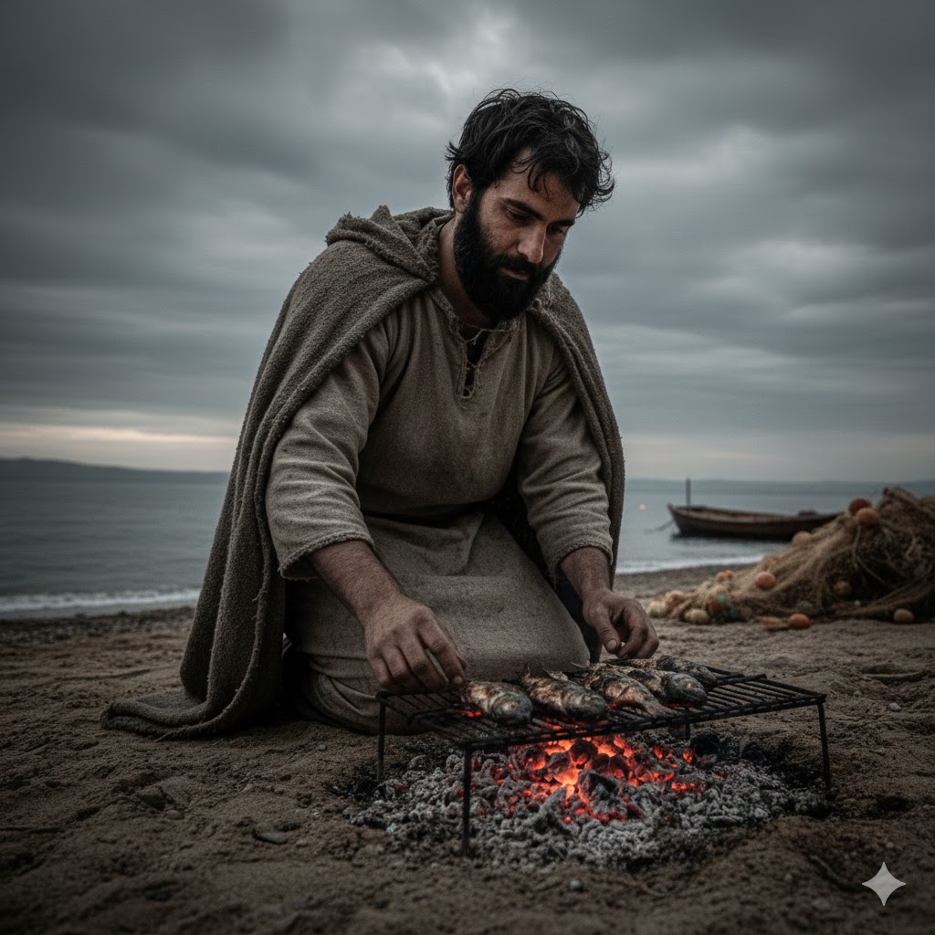 A Middle Eastern Jewish man in first-century clothing kneels on a rough shoreline at gray dawn, cooking fish over low charcoal coals. His hands are dark with ash, smoke rising into cold air. A small fishing boat drifts in the mist behind him. No glow or halo—just quiet, steady work